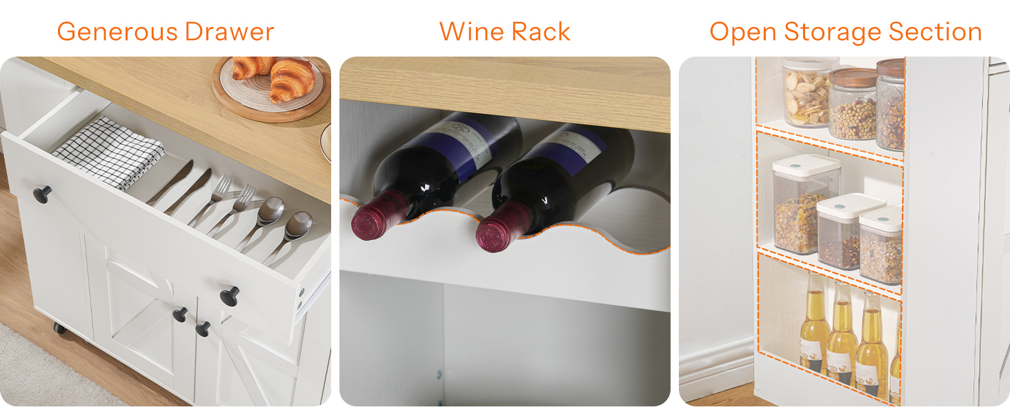 Mobile Kitchen Island Cart with Power Outlet, White & Natural Finish Rolling Storage Island with Cabinet, Wine Rack & Spice Rack