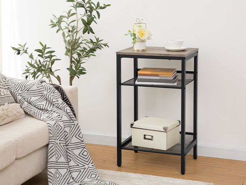 Tavolino, Tavolo con lampada industriale con ripiani in rete regolabili, per il corridoio dell'ufficio o il soggiorno, Mobili in stile effetto legno, Alto e stretto, Montaggio semplice, Greige e Nero