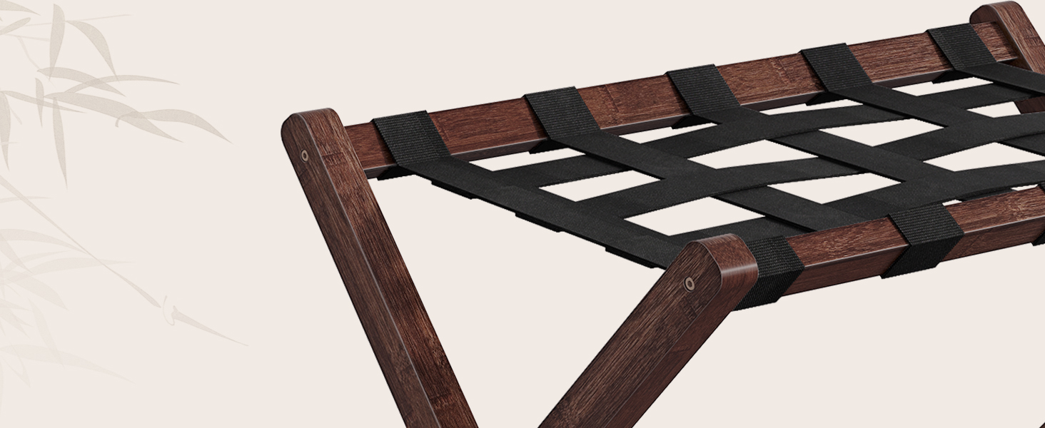 رف أمتعة من الخيزران قابل للطي مع رف تخزين مزدوج الطبقة, دعم حزام النايلون, 110 سعة تحميل رطل, يناسب حقائب السفر مقاس 26 بوصة, للفندق & غرفة نوم, بني