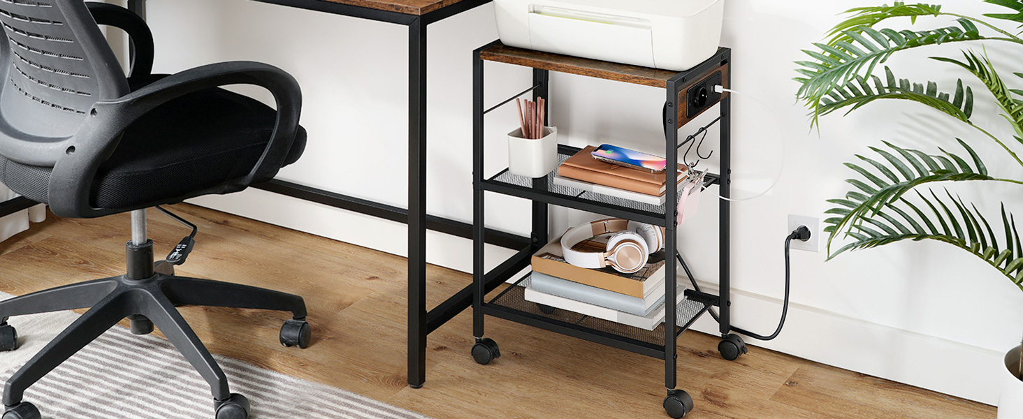 3-Tier Printer Stand with Charging Station, Multifunctional Storage Rack with Castors/Adjustable Feet and 2 Hooks, Suitable for Home Office, Vintage Brown & Black