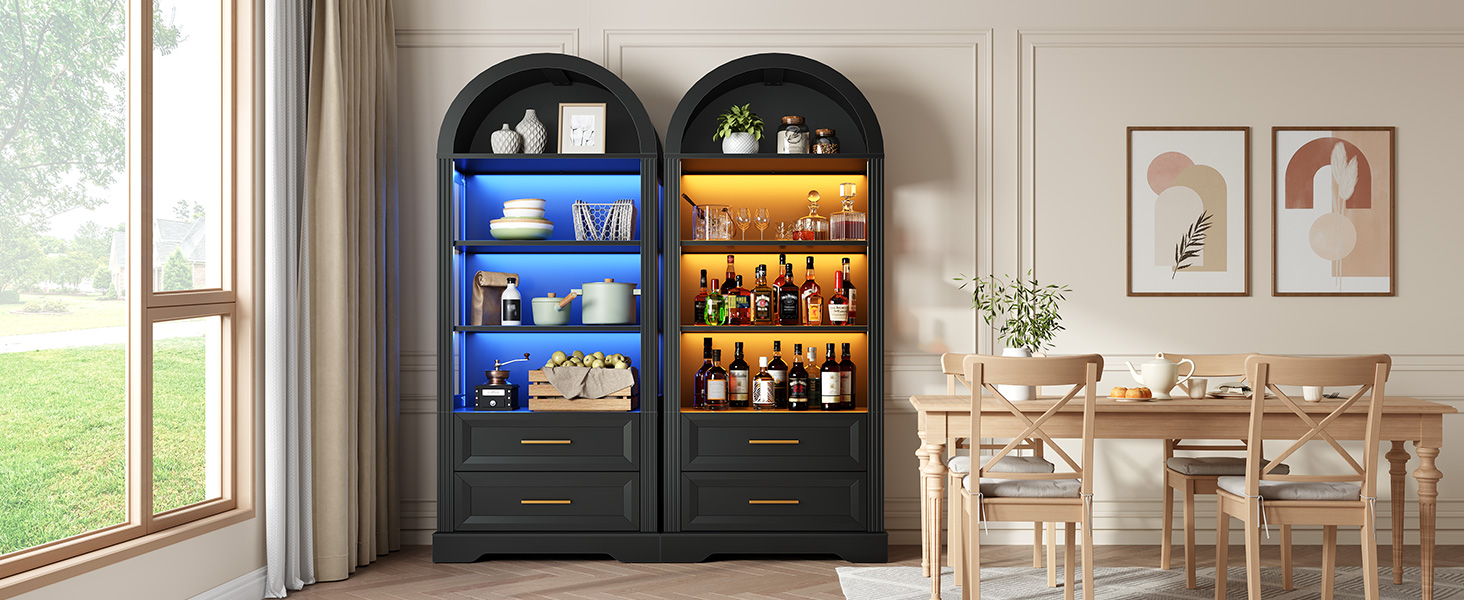 66.9-Inch Tall Arched Bookcase, Wooden Display Cabinet Integrated with LED Lighting, Farmhouse-Style Storage Shelf with 2 Drawers, Open Shelving for Living Room, Office & Bedroom, Black Finish