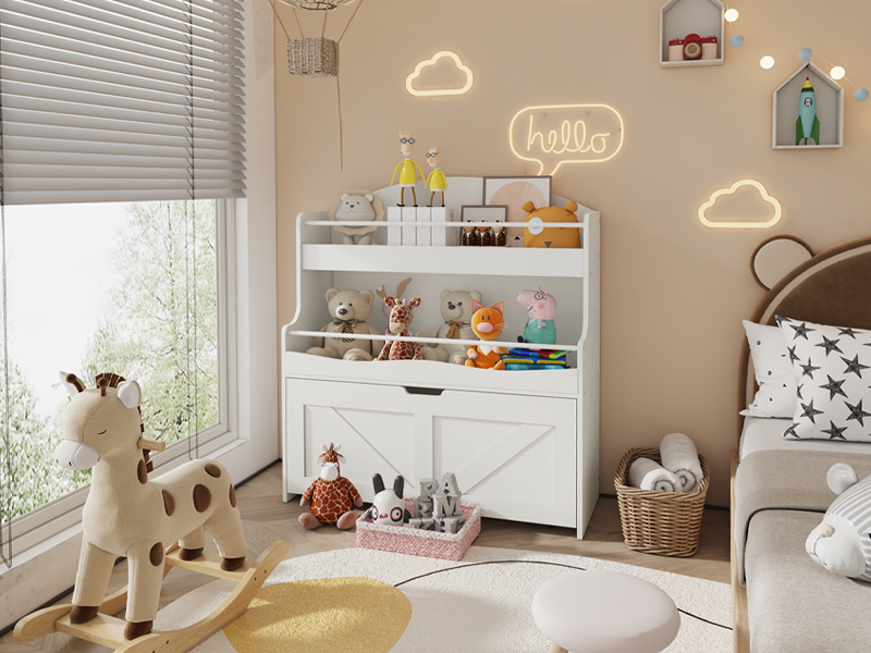 White Children's Bookshelf and Toy Storage Organizer, Equipped with Movable Drawer and Crossbar, Multi-Functional Bookcase for Display, Suitable for Playroom or Nursery