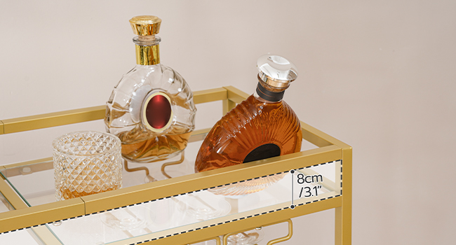 2-Tier Gold Bar Cart with Wine Rack and Glass Holder, Mobile Serving Cart with Wheels and Guard Rails for Dining Room, غرفة الجلوس, الحزب والحانة