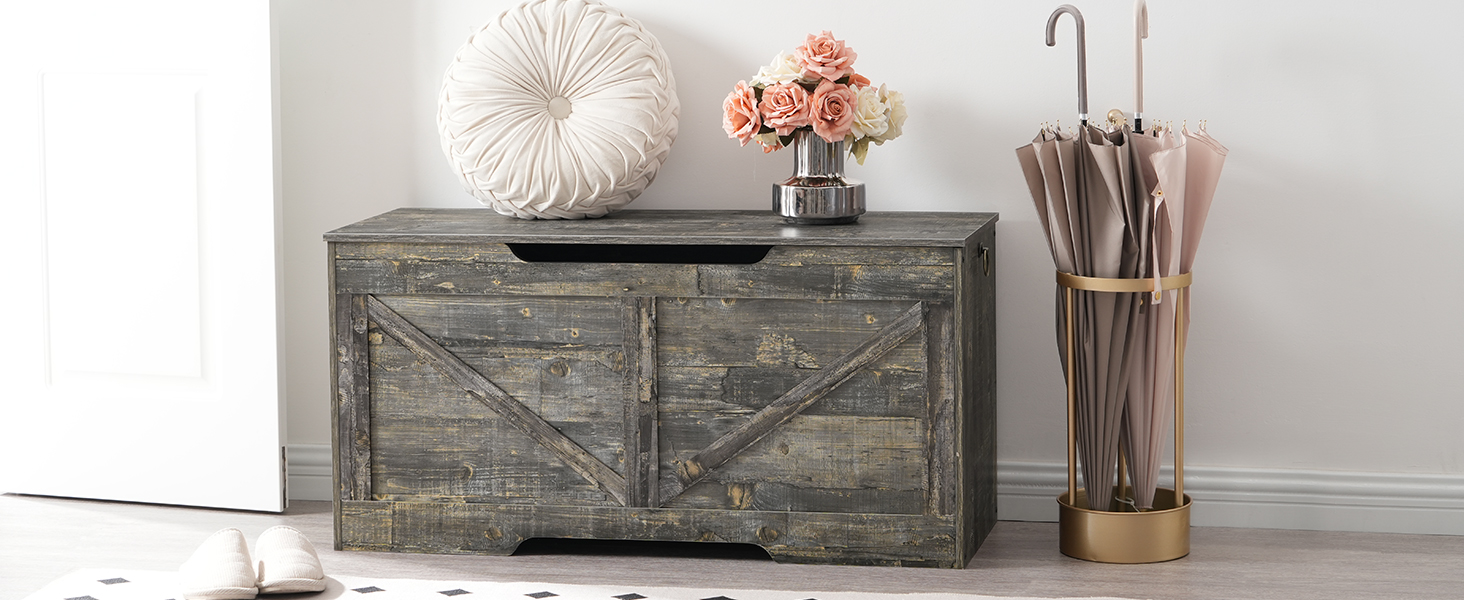 Banc de rangement HOOBRO, 39.4" Coffre de rangement rétro en bois avec poignée découpée en forme de U, Charnière de sécurité, Les soutiens 220 lb et assemblage facile pour organisateur de coffre à jouets (Gris Vintage)