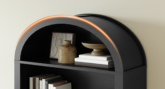 70.9-Palec oblouková knihovna, 5-Otevřená knihovna ve stylu Tier Farmhouse, Dřevěná úložná skříň do obývacího pokoje & Kancelář, Černá povrchová úprava