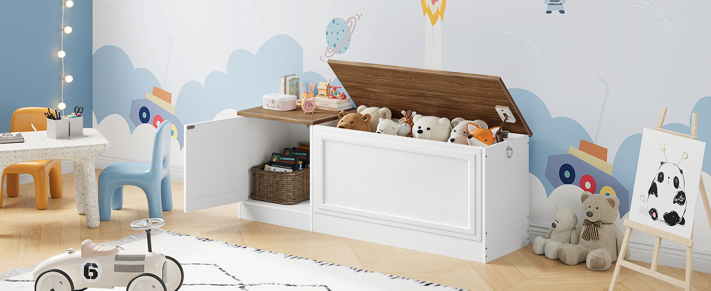 Banc de rangement HOOBRO, 47.2" Coffre à jouets en bois, Coffre à jouets avec charnière de sécurité, Coffre de rangement de style ferme, Banc d
