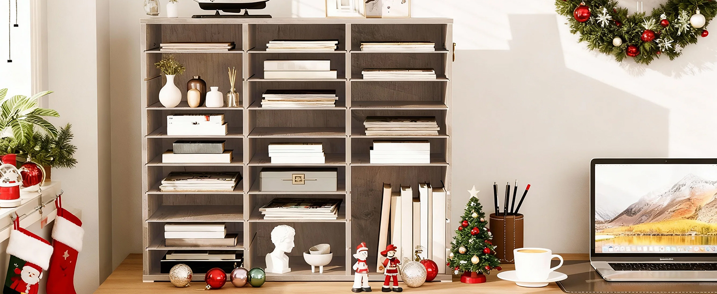 27-Přihrádkový dřevěný organizér na literaturu, Grey Countertop Mail Sorter with Adjustable Shelves, Vhodné do domácnosti, Kancelář, School and Classroom Student Mailbox