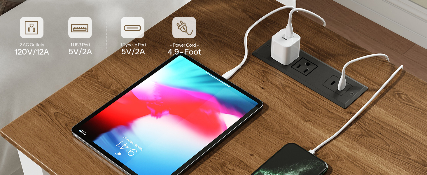 Farmhouse Style End Table with Charging Station, 45cm Wide Nightstand, White & Walnut Wooden Sofa Side Table with Tempered Glass Barn Door and Open Shelf