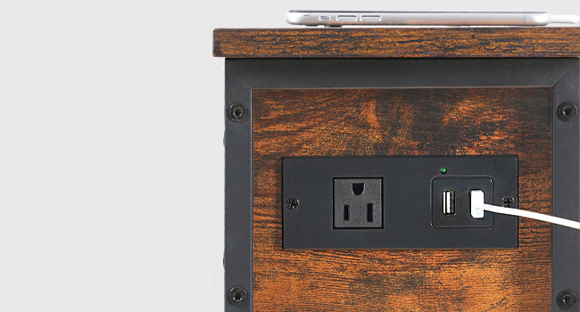 Узкий столик с зарядной станцией, Flip-Top Slim Side Table, Multi-Functional Bedside Nightstand with Storage, Подходит для небольших помещений, Гостиная & Спальня, Рустик Браун & Черный