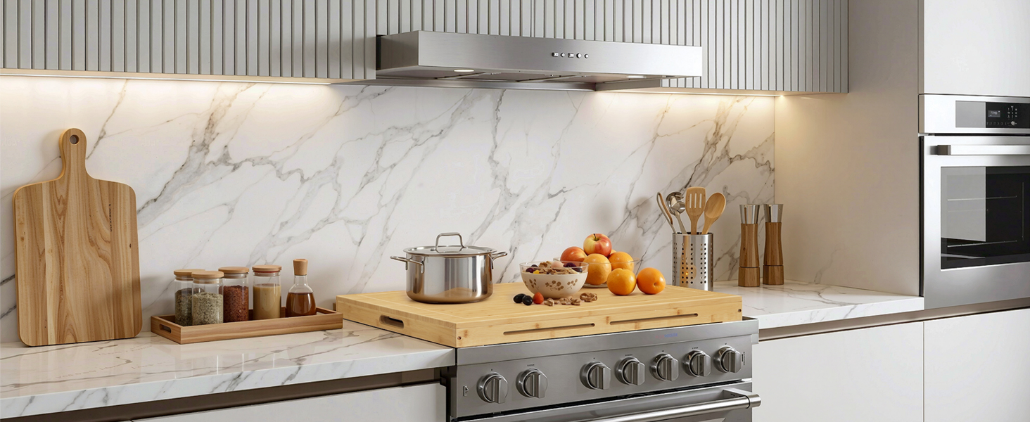 Natural Bamboo Stove Top Cover, Model Multi-Functional Noodle Board Compatible with Electric Stoves & Gas Burners, Food-Grade Cutting Board for Kitchen Counter/Sink/Oven