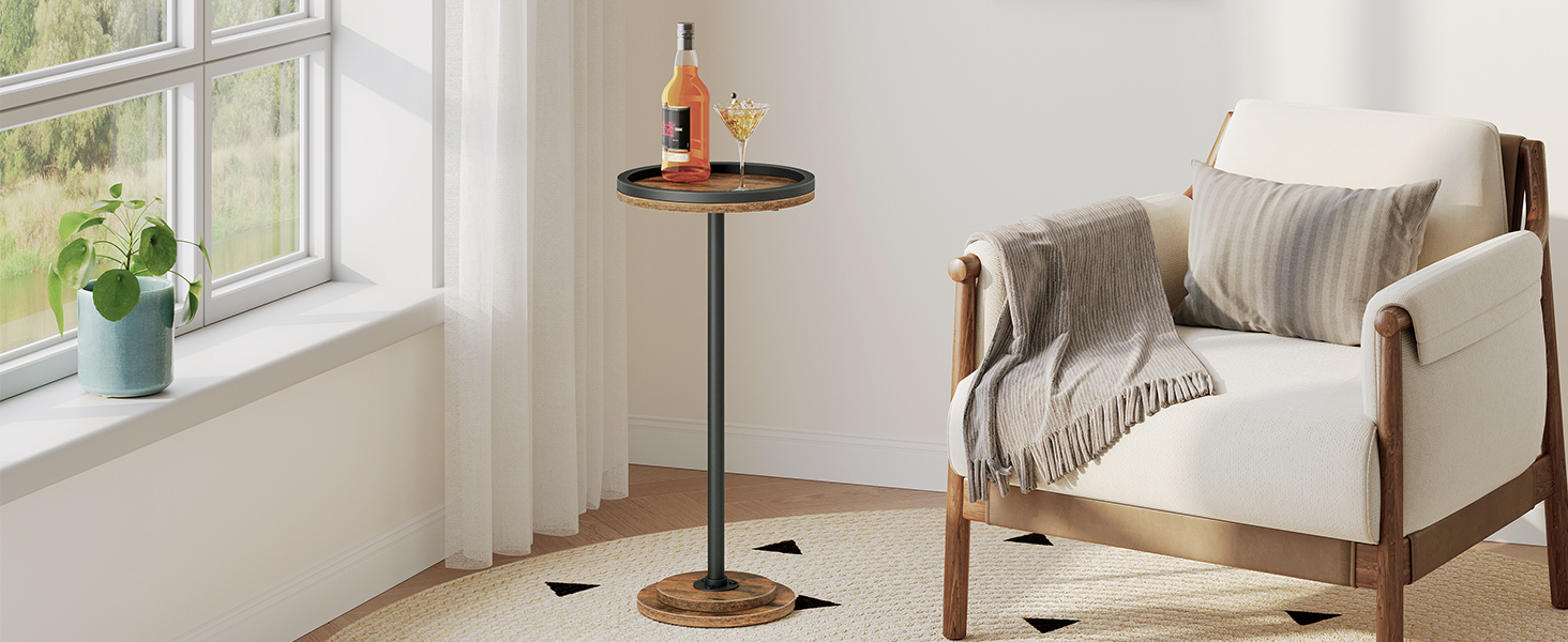 Rustykalny brązowy okrągły stolik boczny, Wielofunkcyjny stolik do napojów do małych przestrzeni, Nadaje się do salonu, Sypialnia i strona sofy