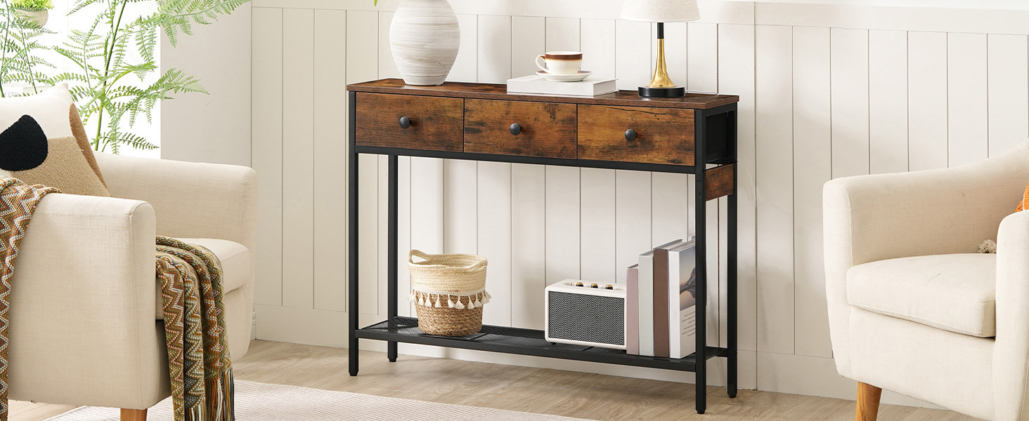 Slim Console Table with 3 Gavetas, Castanho Vintage & Black Metal-Frame Side Table with Adjustable Feet, Industrial Style Sofa Table for Hallway and Living Room