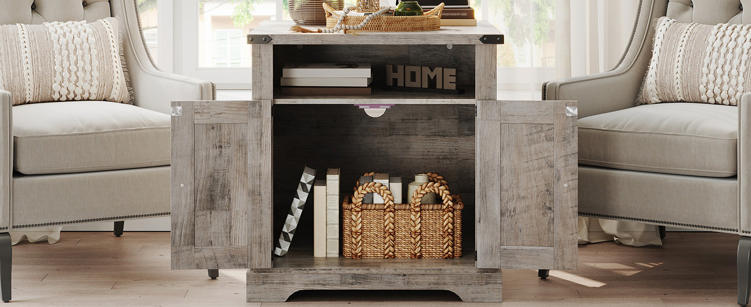 Конечный стол Farmhouse с зарядной станцией, 60cm Large End Table for Living Room, Стол с боковым набором дивана с дверью сараем, Wooden Square Nightstand Bedside Table with Flip Top, Серый