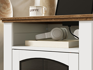 Farmhouse Style End Table with Charging Station, 45cm Wide Nightstand, White & Walnut Wooden Sofa Side Table with Tempered Glass Barn Door and Open Shelf