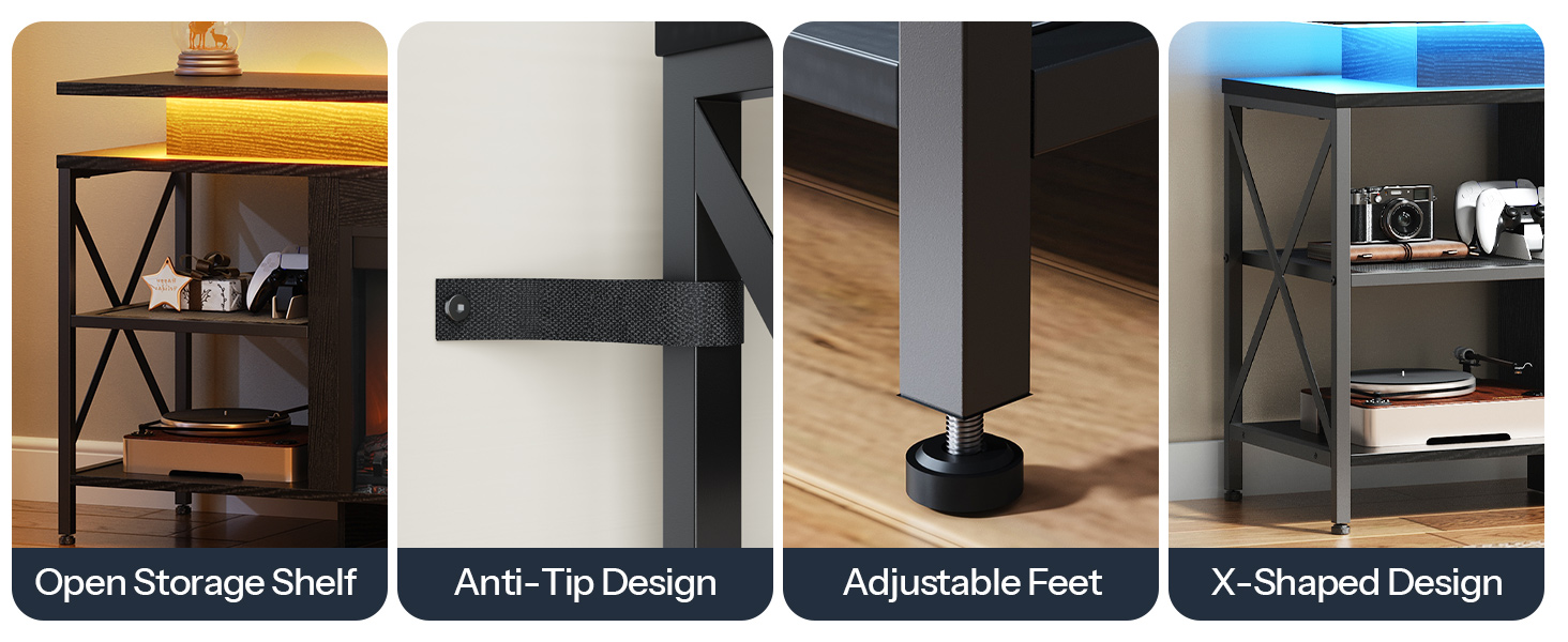 Krbový TV stojan HOOBRO s LED světly, Elektrický krbový TV stojan s nabíjecí stanicí, Moderní zábavní centrum s krbem, Media TV konzole, pro televizory až 65 Palec, Černý