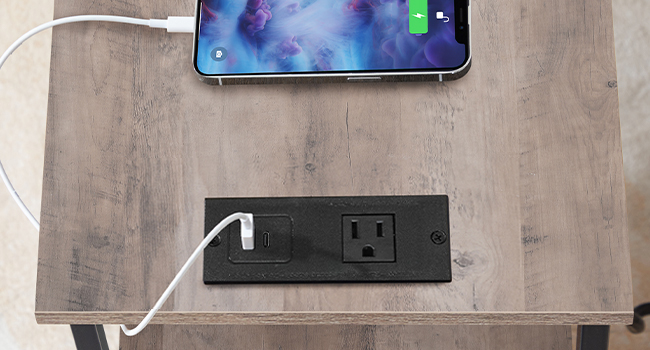 Narrow Side Table with Charging Station, Multifunctional Grey & Black Nightstand with 2 Non-Woven Drawers and Open Shelves, Slim Design for Small Spaces, Living Room & Bedroom