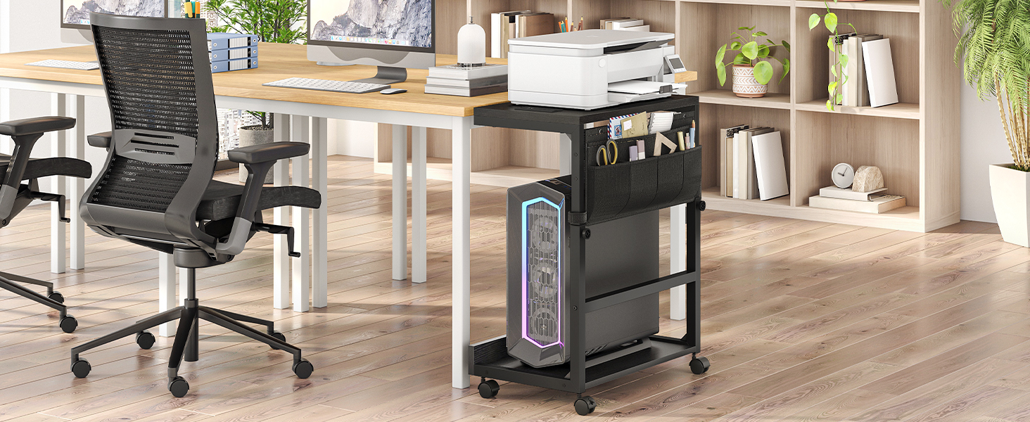 Multi-Functional Adjustable PC Tower Stand with Integrated Charging Station, Mobile CPU Holder with Locking Casters & Storage Pockets, Under-Desk Computer Tower Support for Home Office & Bedroom