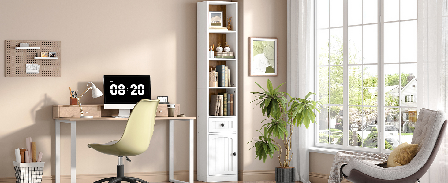 180cm Tall Narrow Bookcase with Storage Cabinet and Adjustable Shelves, White & Walnut Space-Saving Storage Shelf for Office, Living Room and Bedroom