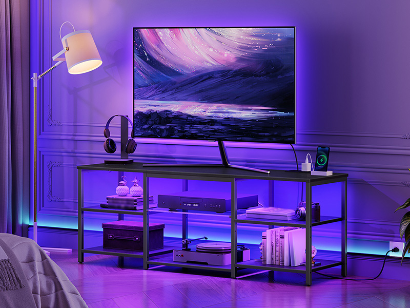 Zintegrowany stojak pod telewizor LED do telewizorów 65 cali z wbudowaną stacją ładującą, 3-Centrum rozrywki dla graczy z otwartą pamięcią masową, Długi stół multimedialny do salonu i sypialni, Czarne wykończenie