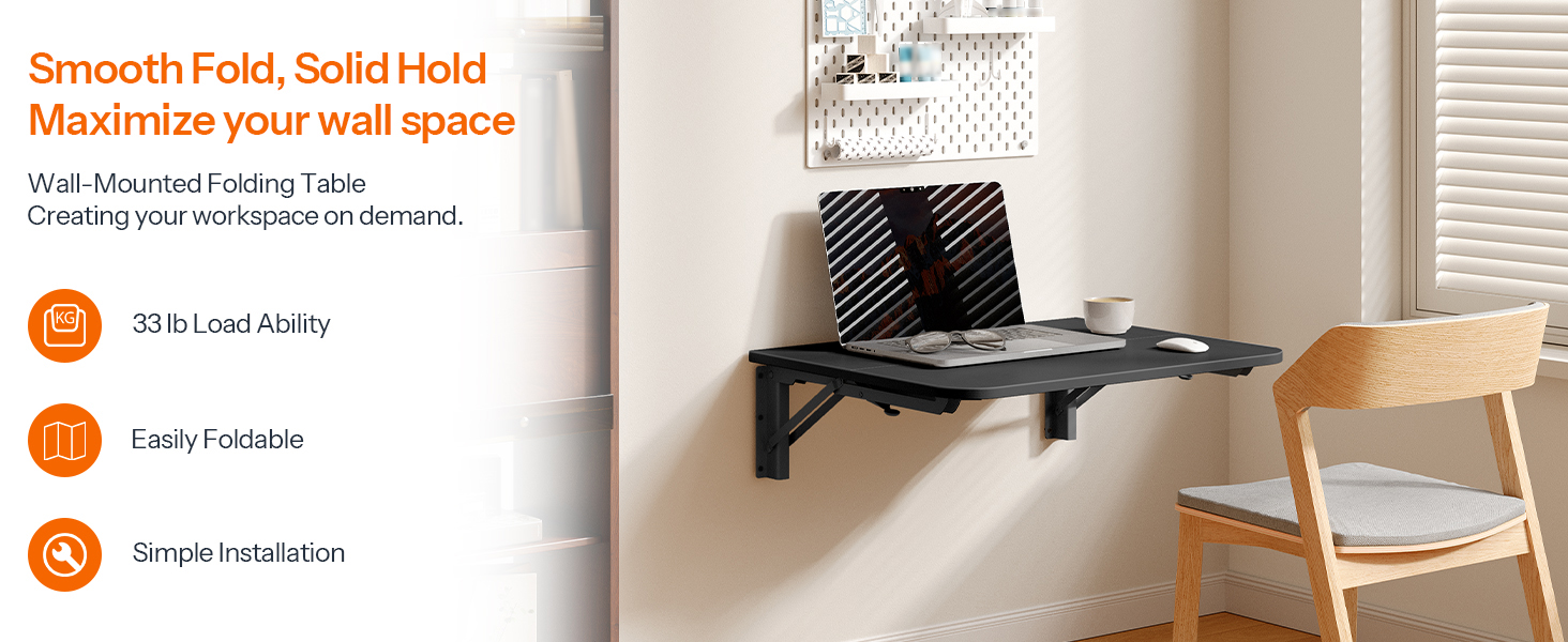 HOOBRO Black Floating Folding Desk with Iron Bracket - Wall-Mounted Drop Leaf Table for Small Spaces, Kitchen, Laundry Room & Office