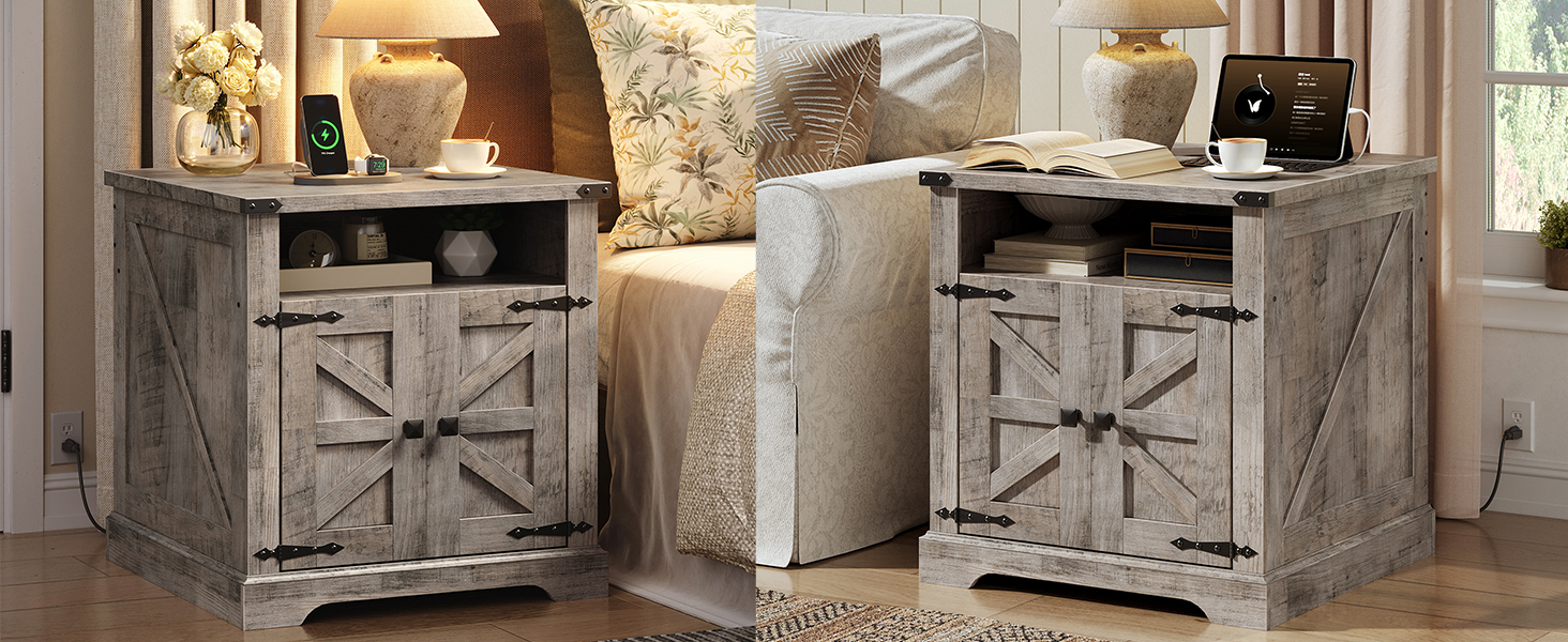 Конечный стол Farmhouse с зарядной станцией, 60cm Large End Table for Living Room, Стол с боковым набором дивана с дверью сараем, Wooden Square Nightstand Bedside Table with Flip Top, Серый