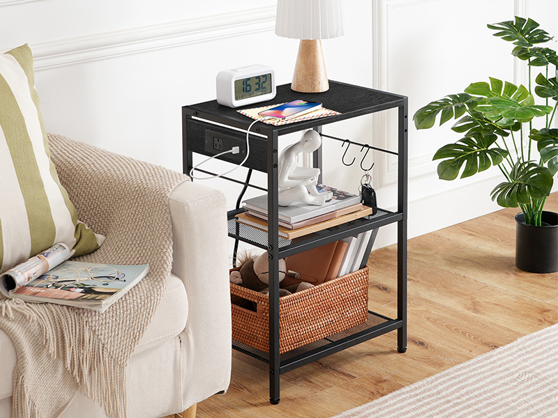 Industrial Printer Stand, 3-Tier Mobile Printer Table, Rolling Cart with Power Outlets and USB Ports, Home Printer Stand with 2 Hooks, Suitable for Office and Living Room, Black