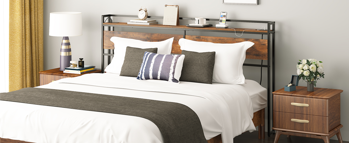 King Size Headboard with Power Outlets & منافذ يو اس بي, Height-Adjustable Design with Storage Rack, Sturdy Rustic Brown & Black Headboard, تجميع سهل