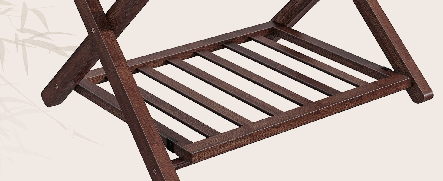 رف أمتعة من الخيزران قابل للطي مع رف تخزين مزدوج الطبقة, دعم حزام النايلون, 110 سعة تحميل رطل, يناسب حقائب السفر مقاس 26 بوصة, للفندق & غرفة نوم, بني