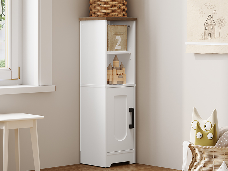 Freestanding Narrow Corner Bathroom Storage Cabinet with 2 Adjustable Shelves, White & Walnut Space-Saving Floor Cabinet for Small Spaces