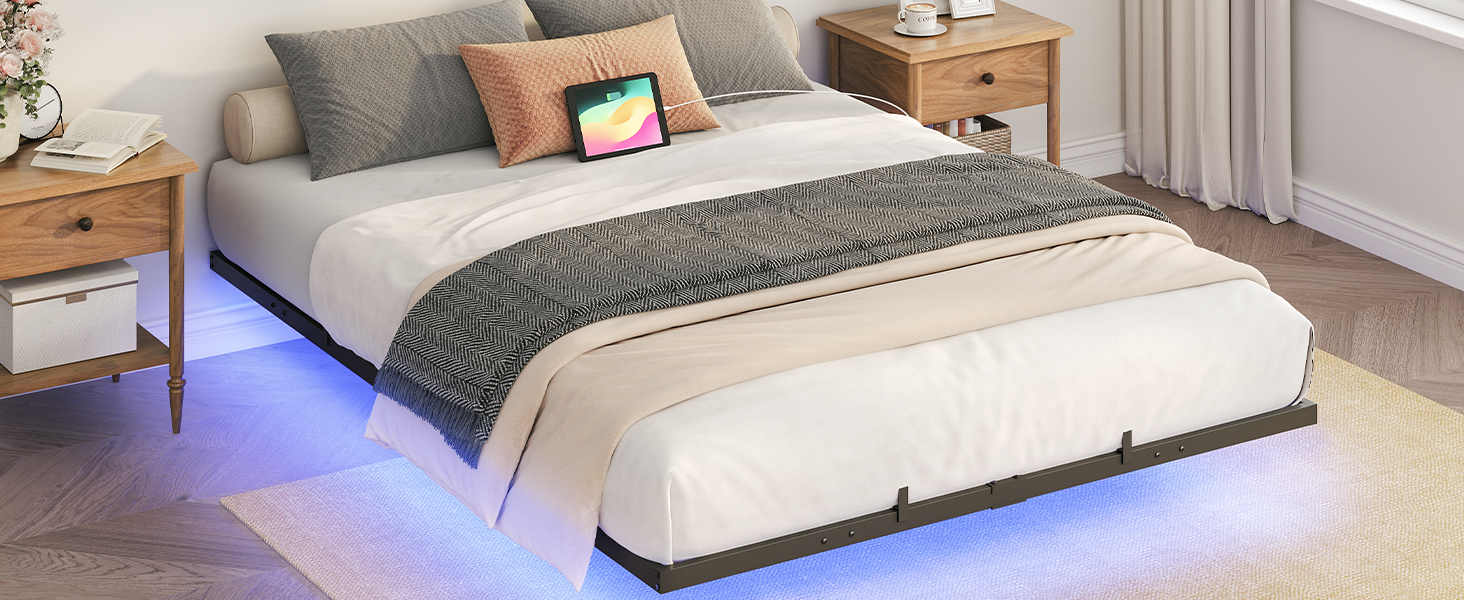 Πλωτό πλαίσιο κρεβατιού πλήρους μεγέθους, Κρεβάτι με μεταλλική πλατφόρμα βιομηχανικού στιλ με ενσωματωμένο σταθμό φόρτισης και φωτισμό LED, Σχεδιασμός Μείωσης Θορύβου, Δεν απαιτείται ελατήριο κουτιού, Μαύρο φινίρισμα