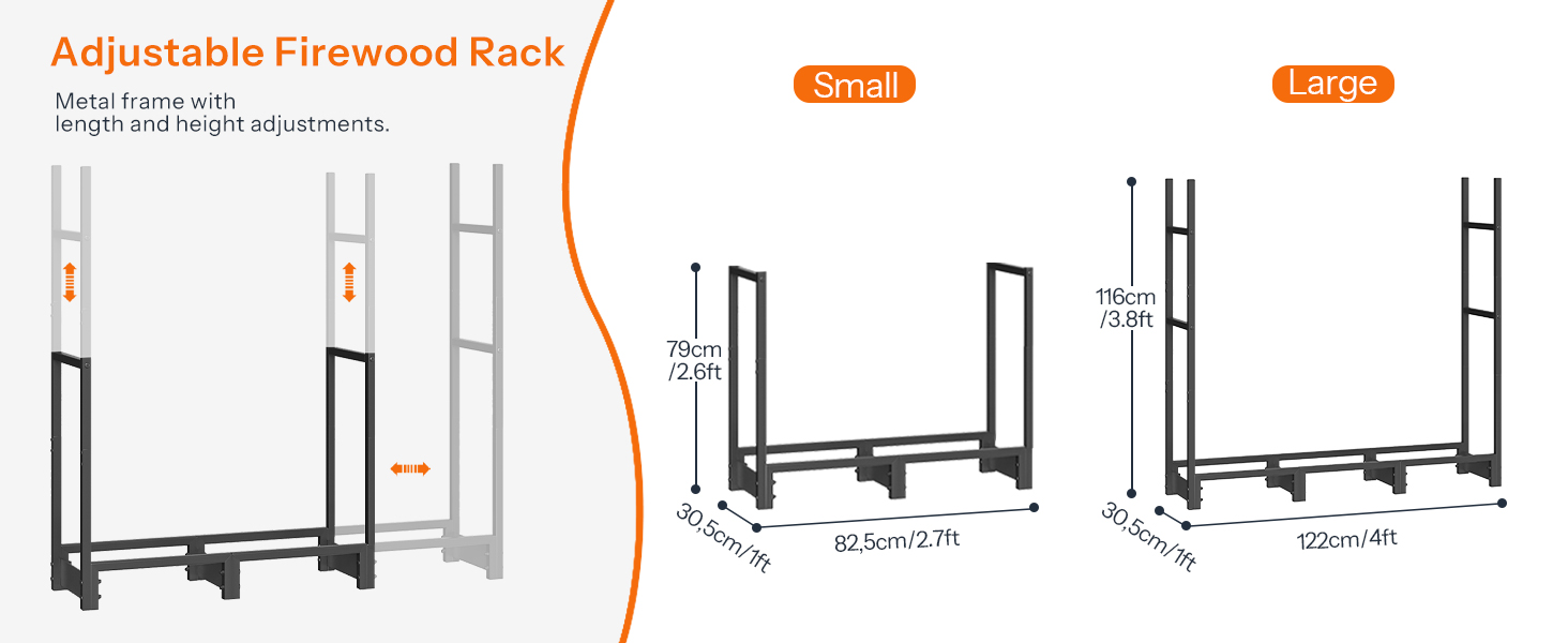 Svart 4ft ved Rack med deksel, Utendørs vedloggstativ, Justerbar loggholder med vanntett deksel, Peis tre lagring, Kraftig treholder, for innendørs og utendørs