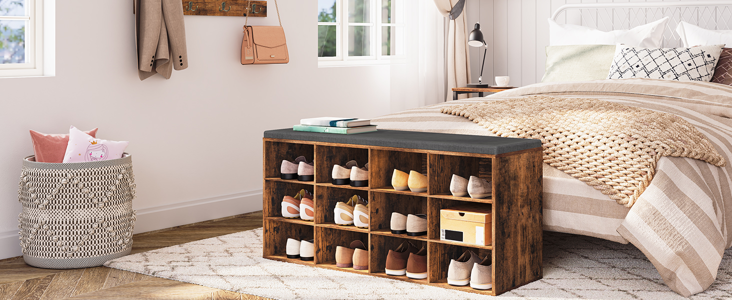 Shoe Storage Bench with Cushion, 100cm Entryway Bench with 12 Cubbies, Entryway Hall Tree with Storage, Shoe Cabinet with Coat Rack for Bedroom, Hallway