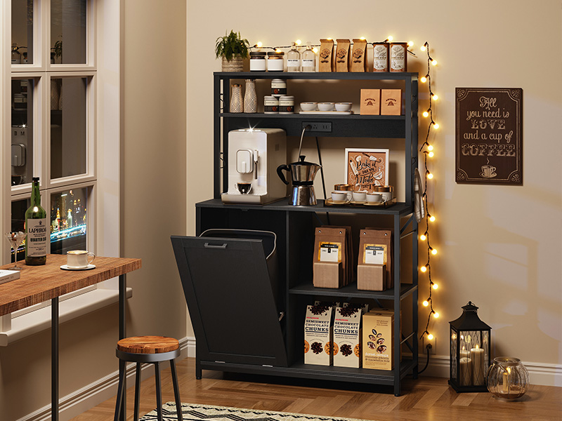 5-Tier Kitchen Bakers Rack with Integrated Power Module, Microwave Stand with Trash Can Storage Cabinet, Multi-Functional Storage Shelf for Coffee Bar, Dining & Living Room, Black Finish