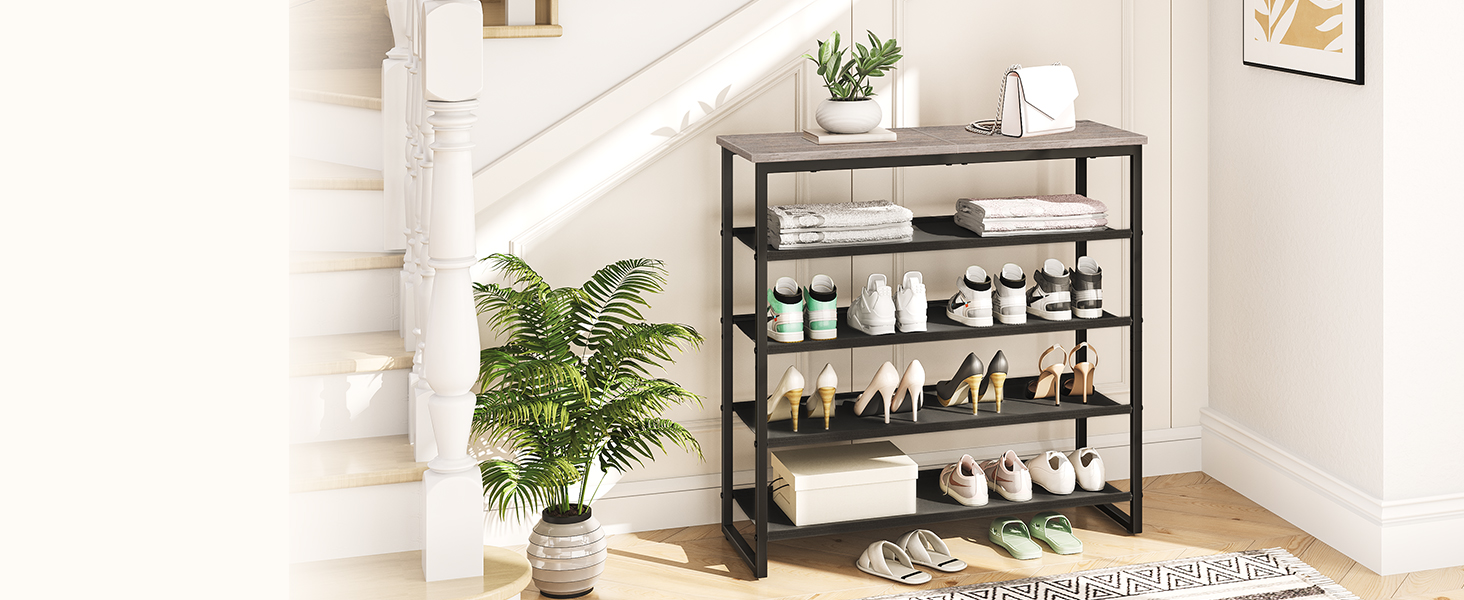 HOOBRO Shoe Rack, 5 Tier Shoe Storage Organizer with 4 Oxford Fabric Shelves and Top Panel, Holds 16-20 Pairs of Shoes, for Entryway and Closet, Industrial, Greige and Black