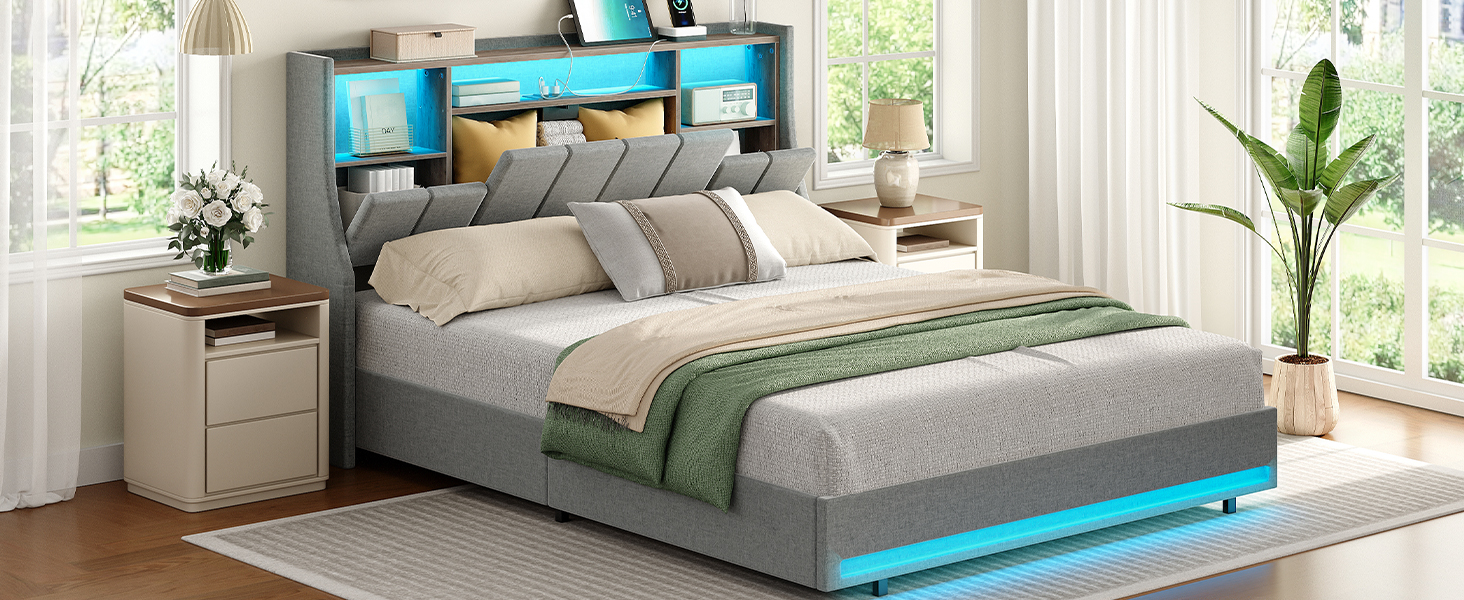 Gray Queen Size Upholstered Platform Bed Frame with Storage Headboard, RGB LED Lighting and Integrated Charging Station, Metal and Wooden Slat Construction, Не требуется коробчатая пружина