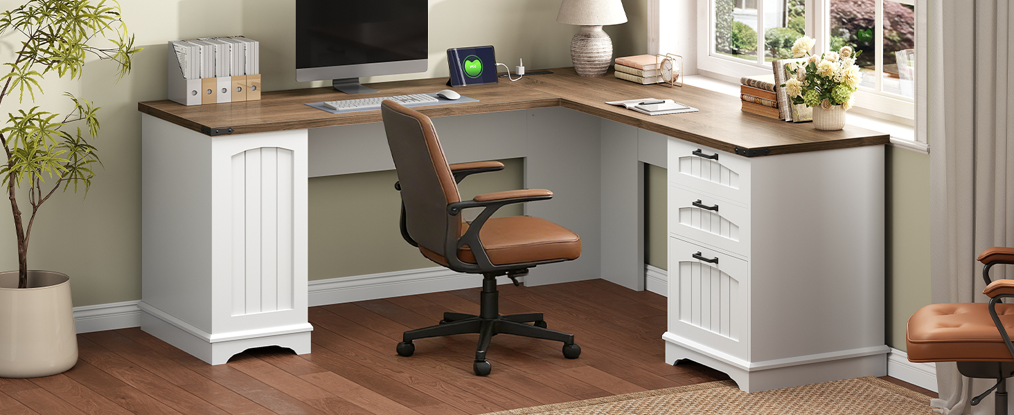 L-Shaped Corner Computer Desk with Integrated Charging Station, White & Walnut Wooden Home Office Desk with File Drawers and Adjustable Open Shelves