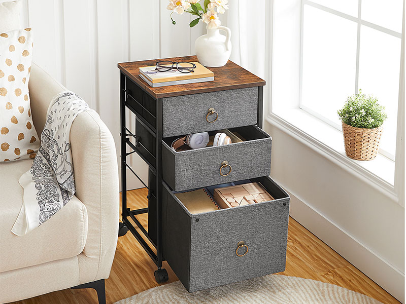3-Zásuvková mobilní kartotéka, Rolovací stojan na tiskárnu, Vertikální kartotéka, Kancelářský kabinet, Registrační skříň pro domácí kancelář, A4/velikost dopisu, Zásuvka na netkané textilie, Šedá a rustikální hnědá