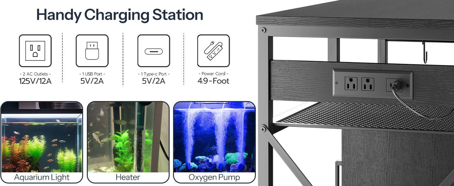 90 -115L Fish Tank Stand with Power Outlet and LED Light, Metal Frame Aquarium Stand with Cabinet Storage, Suitable for Reptile and Turtle Tanks, 199.58kg Load Capacity, Black