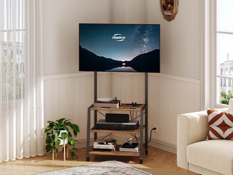 Rolling TV Stand with Mount and Power Outlet, Compatible with Up to 55-Inch TVs, Rustic Brown & Black Corner Entertainment Center with 3-Tier Storage Shelves for Living Room and Bedroom