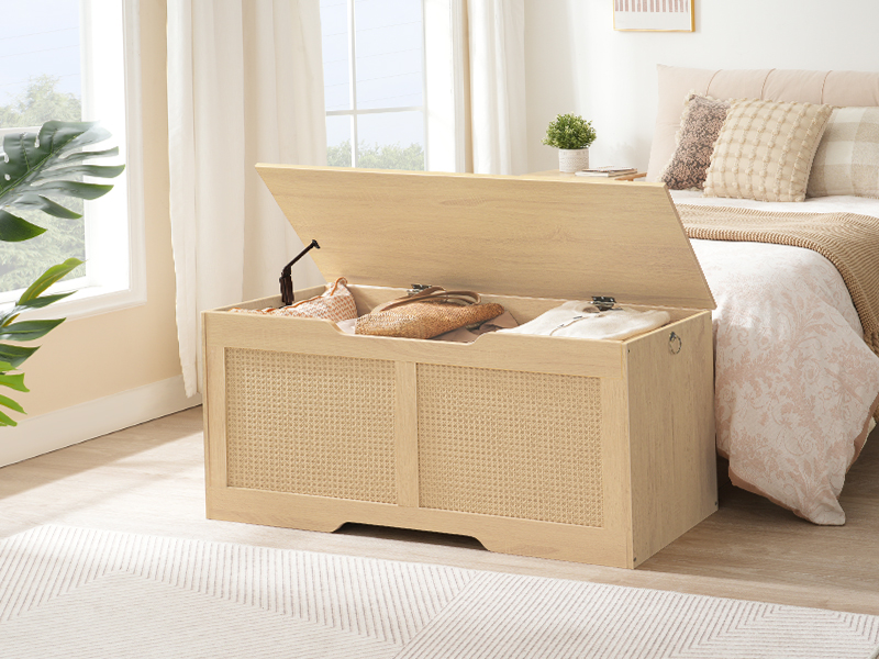 Banc de rangement HOOBRO, 43.3" Toy Box, Coffre de rangement en rotin, Supports de banc d