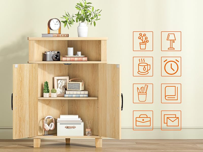 Natural Wooden Fluted Corner Storage Cabinet, Modern Multifunctional Corner Cabinet with Door, Suitable for Bathroom, Kitchen, Entryway and Living Room