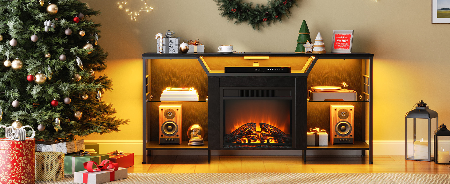 Krbový TV stojan HOOBRO s LED světly, Elektrický TV stolek s krbem s nabíjecí stanicí, Zábavní centrum s krbem, Media TV konzole, pro televizory až 65 Palec, Černý