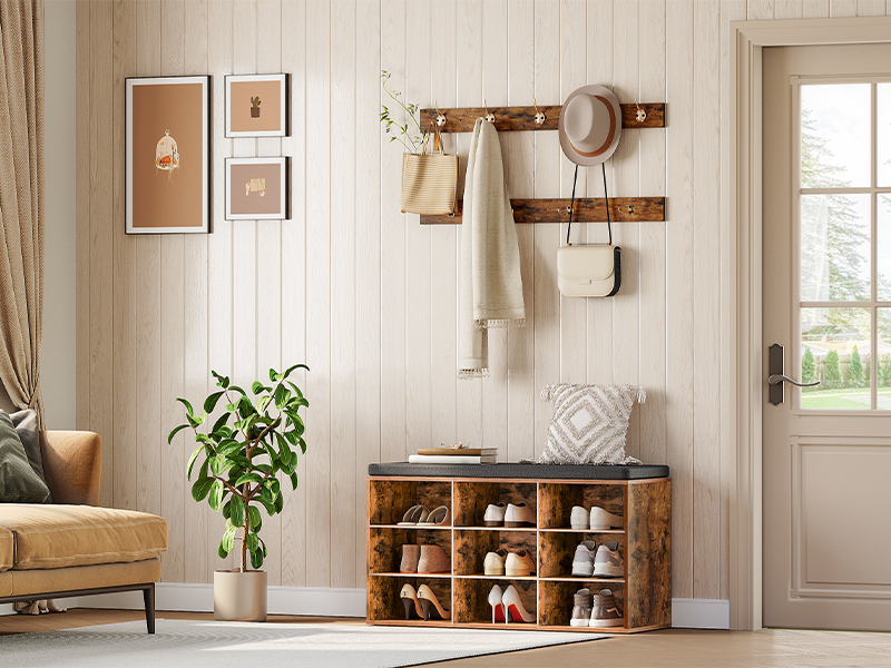 Wardrobe Shoe Rack Combination Set, 9-Compartment Shoe Bench with Padded Seat, Wall-Mounted Coat Rack with 9 Hooks, Multifunctional Shoe Cabinet for Hallway, Entrance and Bedroom, Vintage Brown