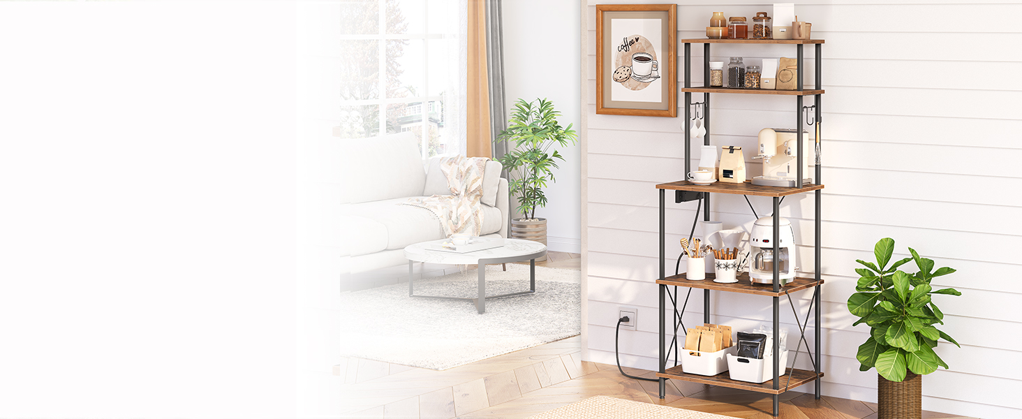 5-Tier Kitchen Baker's Rack with Power Outlets, Microwave Stand & S-Shaped Hooks, Multi-Functional Storage Rack for Coffee Bar, Living Room & Dining Room, Rustic Brown & Black