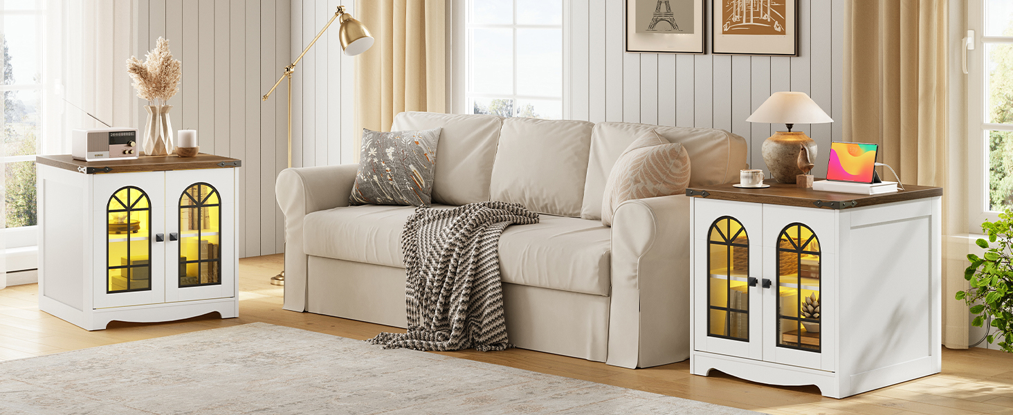 Фарм -хаус Конечный стол, 60.0cm Large Square Side Tables with Charging Station and LED Lights, Large End Table for Living Room, Wooden Nightstand with Glass Barn Door, Белый и Орех