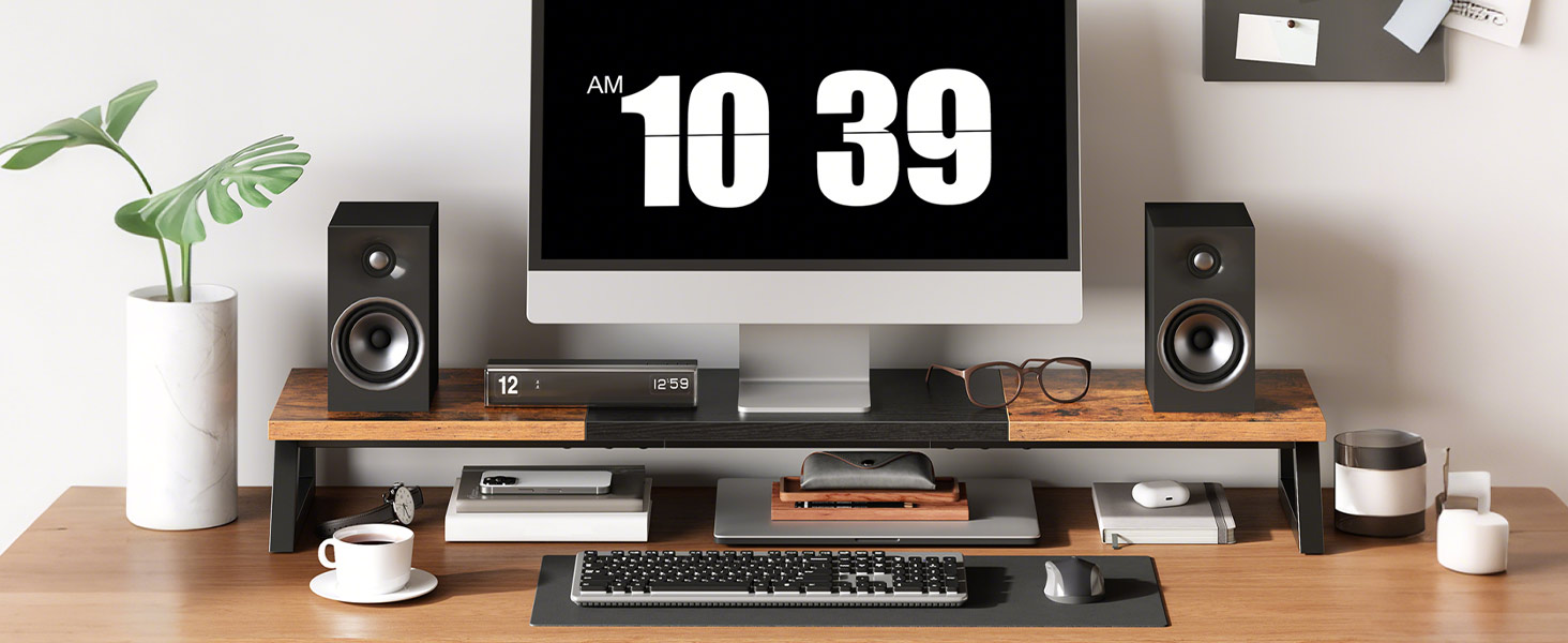 Dual Monitor Stand Riser, 39-Inch Large-Surface Monitor Elevation Shelf for 2 Monitors, Multi-Functional Desk Organizer for Office Workspace & Accessories, Rustic Brown & Black