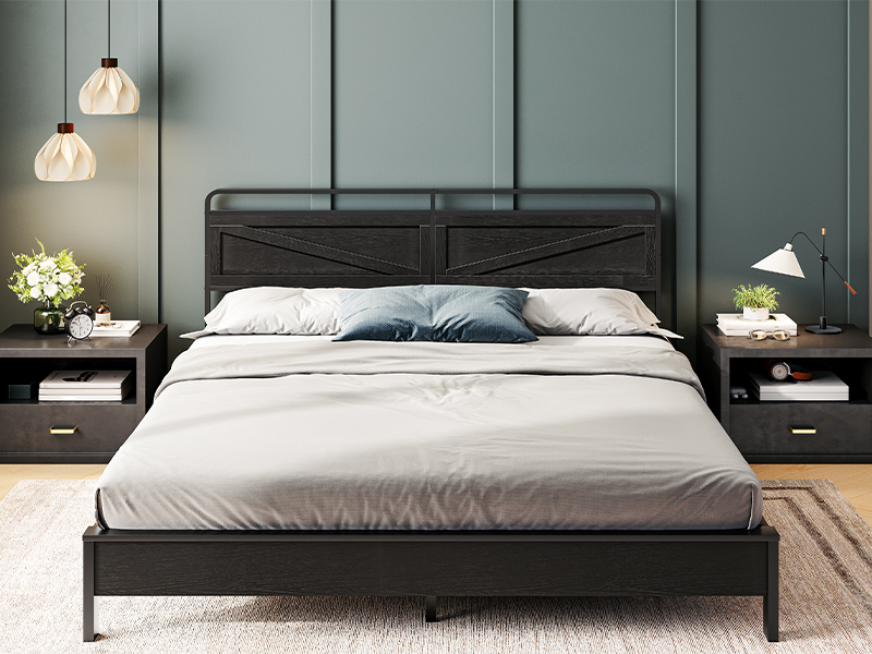 Queen-Size Wooden Panel Headboard, Minimalist Design with Reinforced Metal Frame, Height-Adjustable Configuration & Bed Frame Adapters, Black Finish