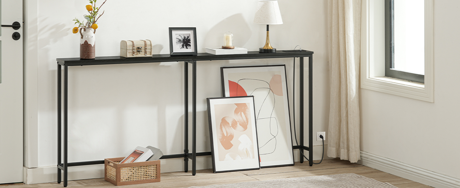 5.9-Inch Narrow Console Table with Integrated Charging Station, 63-Inch Slim Sofa Table Equipped with Power Outlets & USB Ports, Multi-Functional Entryway Table for Residential & Commercial Spaces, Black Finish