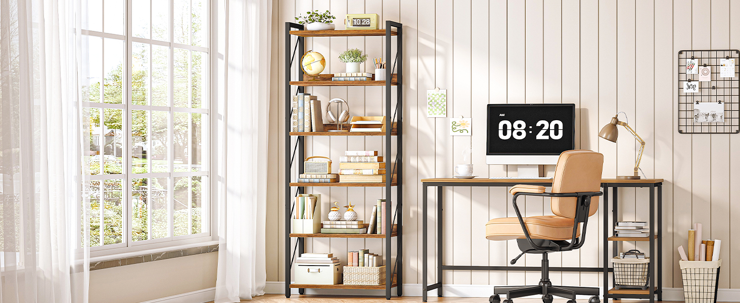 6-Tier Industrial Bookshelf, Metal-Frame Bookcase Storage Organizer, Tall Display Shelf for Living Room, Bedroom, Home Office and Kitchen, Rustic Brown & Black