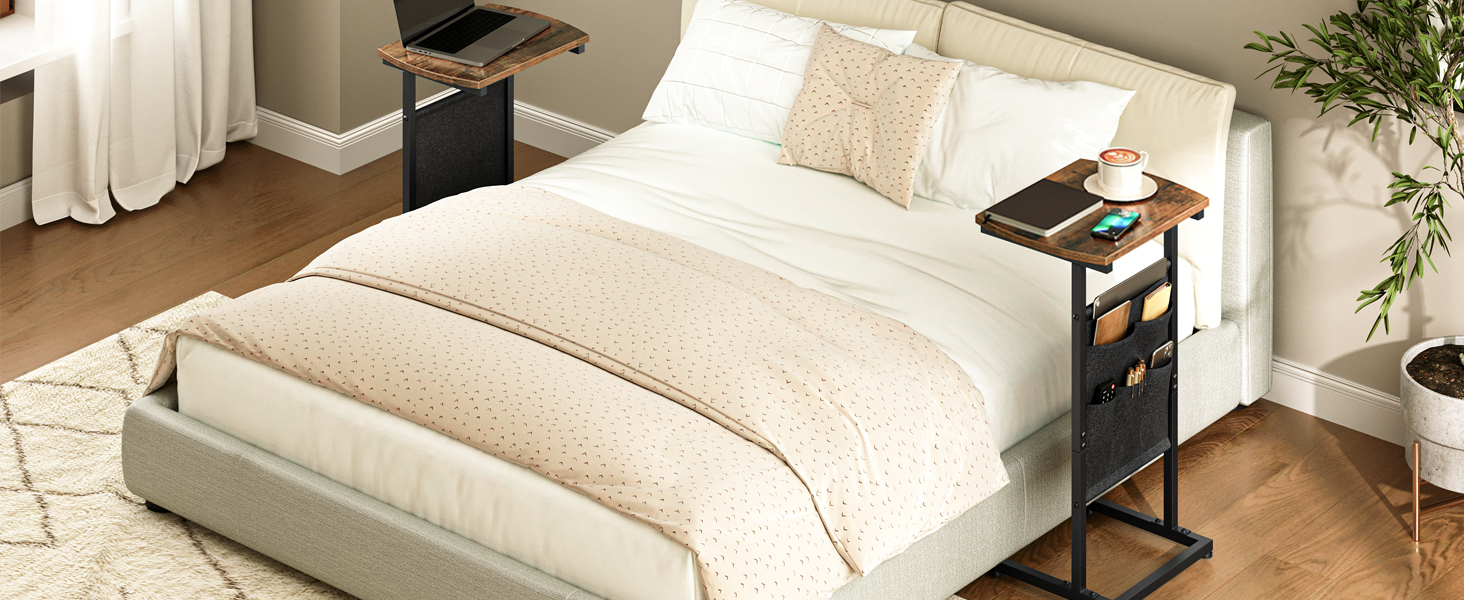 C-Shaped End Table, Small Sofa Side Table with Storage Bag, Sturdy Metal and Engineered Wood Frame, Suitable for Living Room, Bedroom, Hallway, Rustic Brown & Black